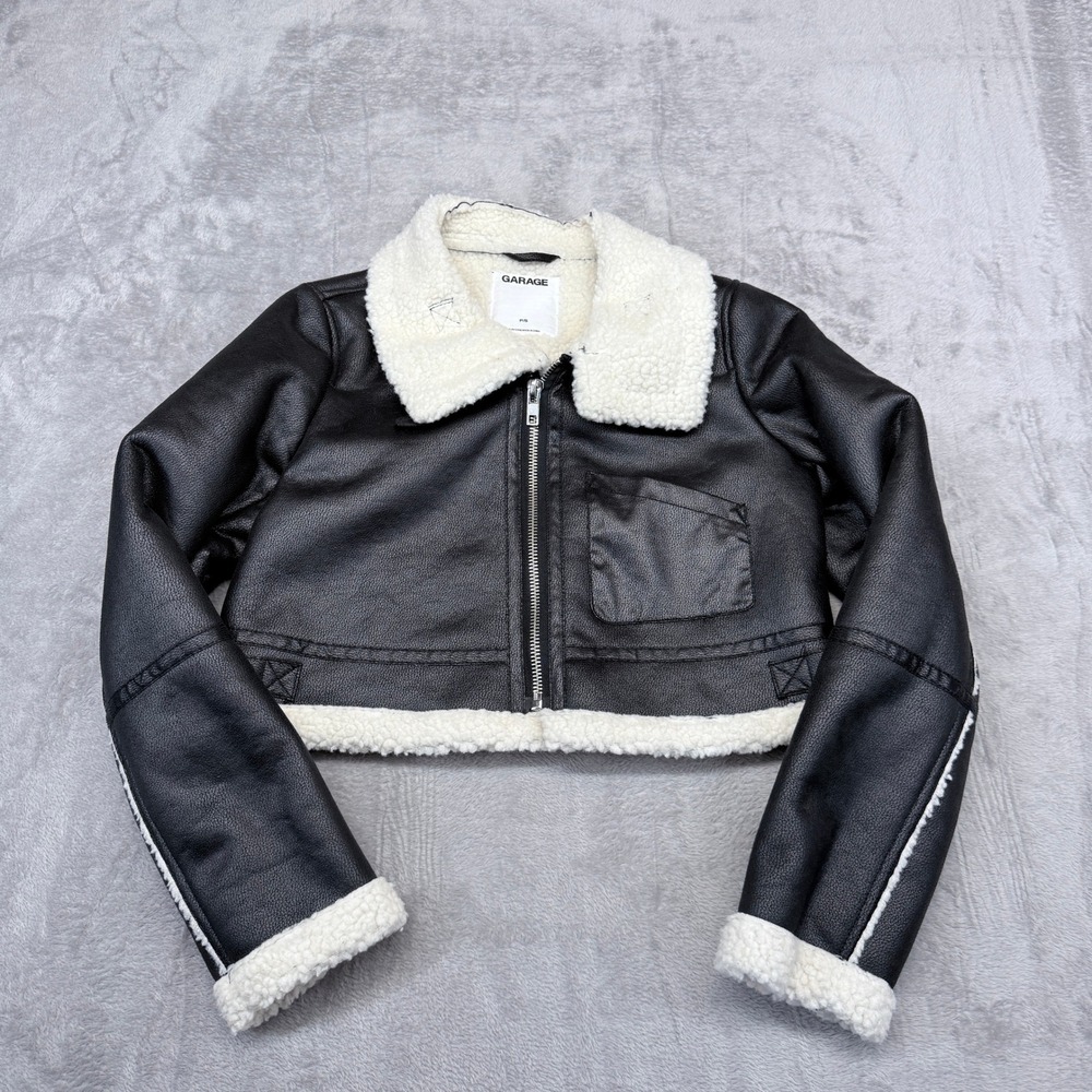 Garage Cropped Aviator Jacket Women S Black Faux Leather‎ Faux Shearling